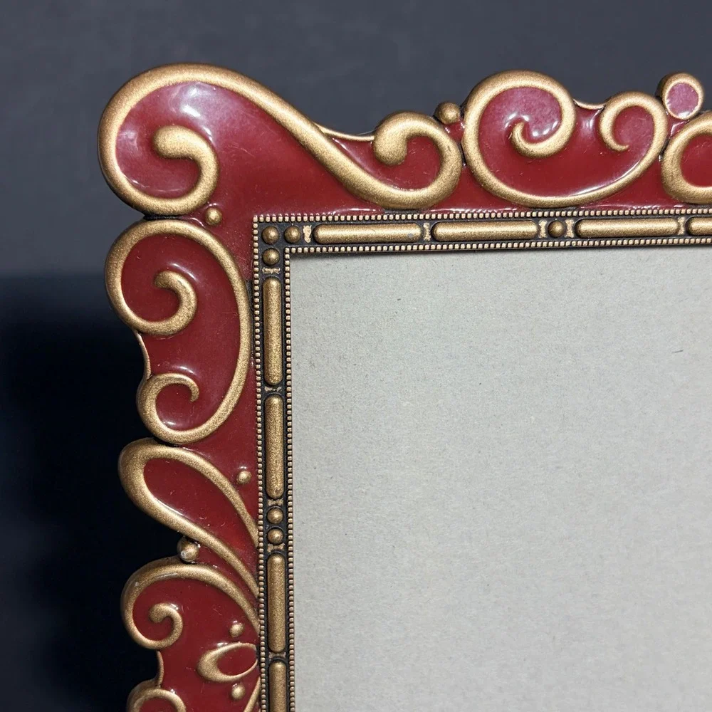 Vtg Style Rose Red/ Gold Enamel Ornate Scroll 4x6 Tabletop Picture Frame Baroque